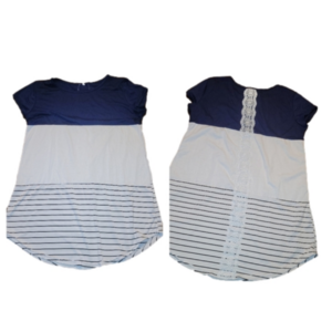 Blue White Short Sleeve Striped Tee with Lace-Down Back - XL